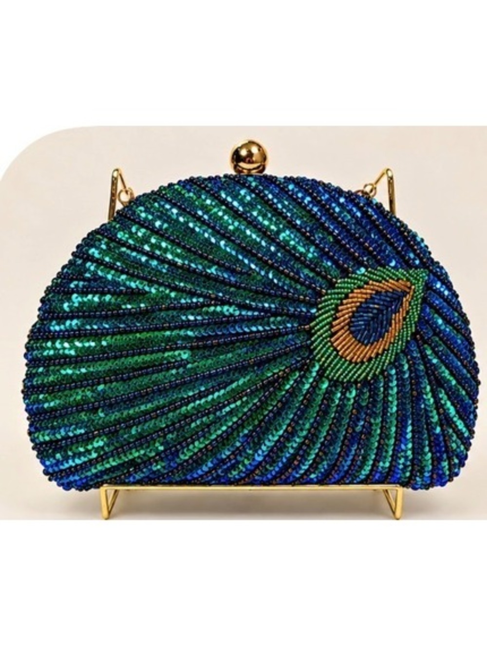 VTG Inspired Elegant Peacock Feather Design Beaded Clutch with Gold Chain Strap